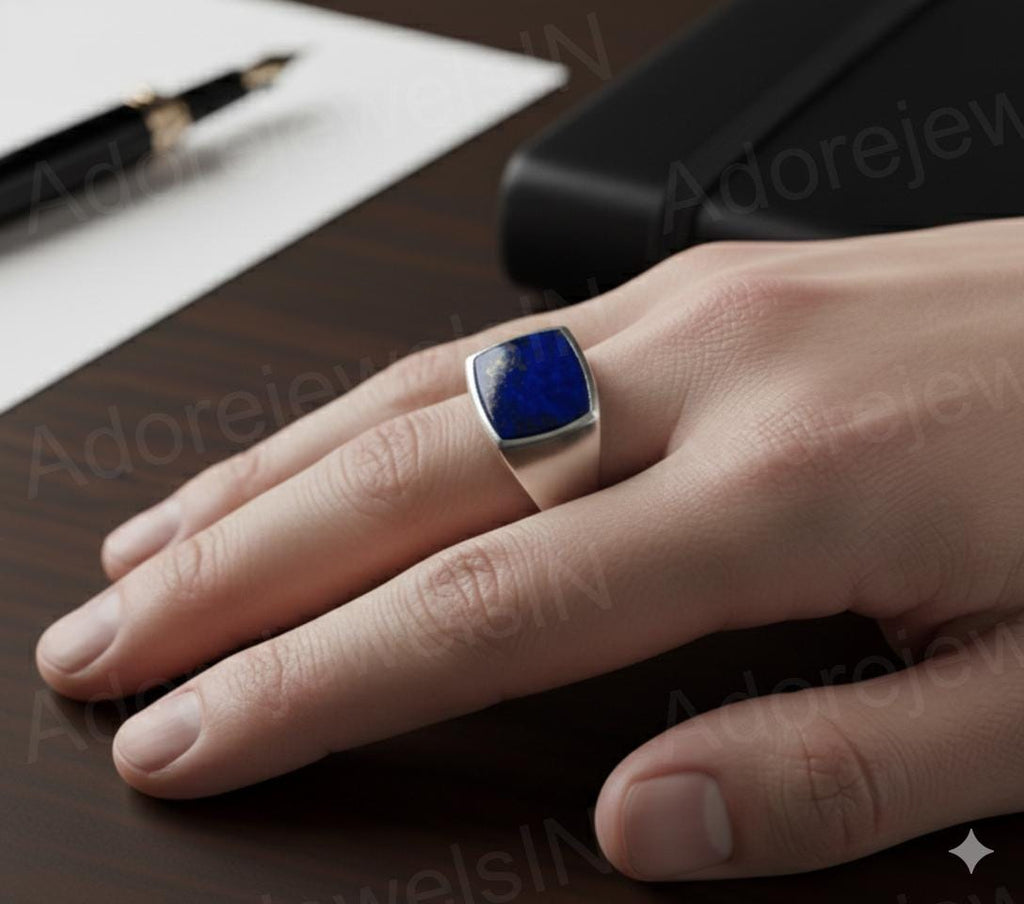 Mens Lapis Lazuli Signet Ring, Sterling Silver Greek Design