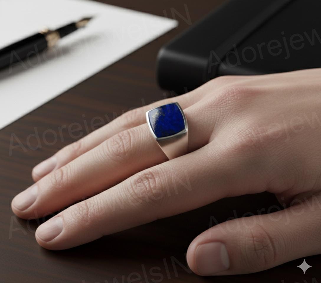 Mens Lapis Lazuli Signet Ring, Sterling Silver Greek Design