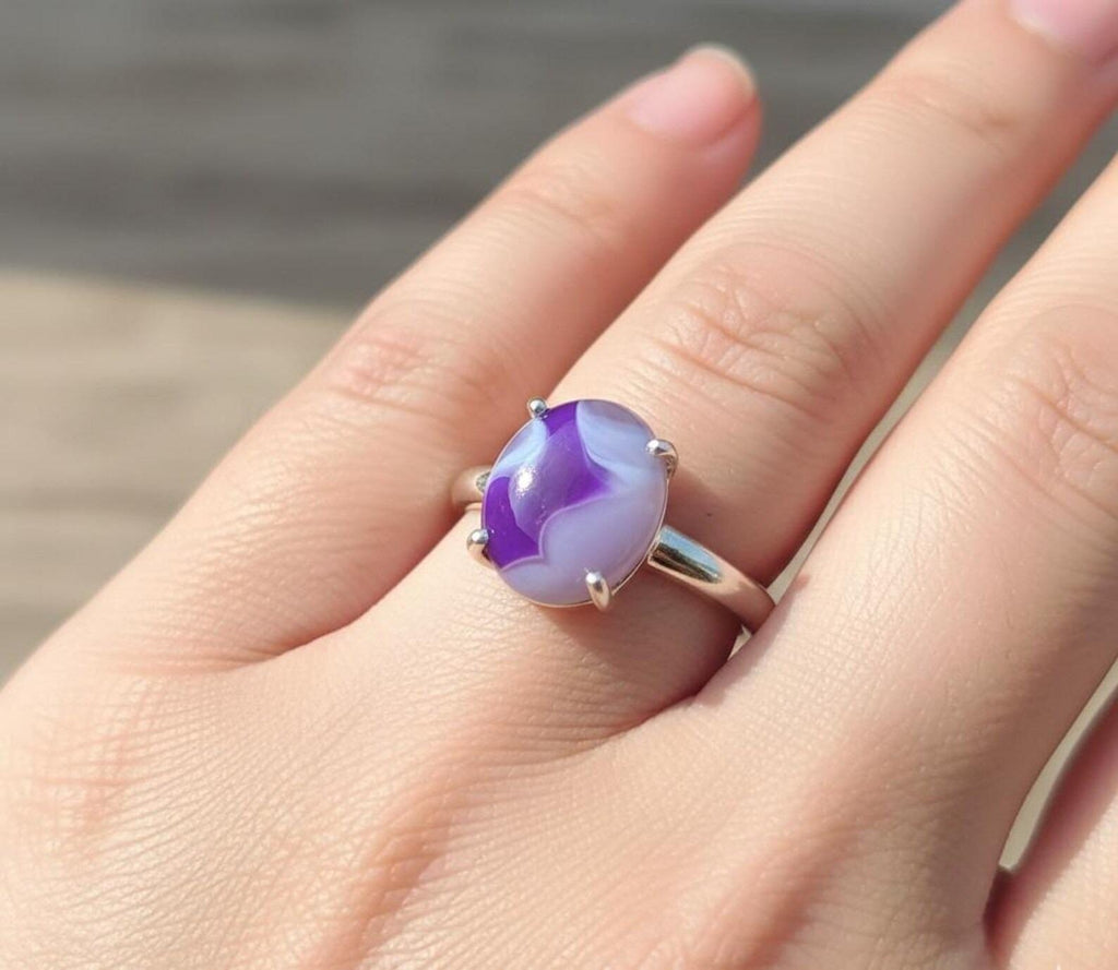 Purple Slice Agate Ring, Oval Cabochon, Sterling Silver (13x15mm)