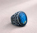 Men's Sterling Silver Ring • Oval Blue Labradorite Gemstone Statement Ring