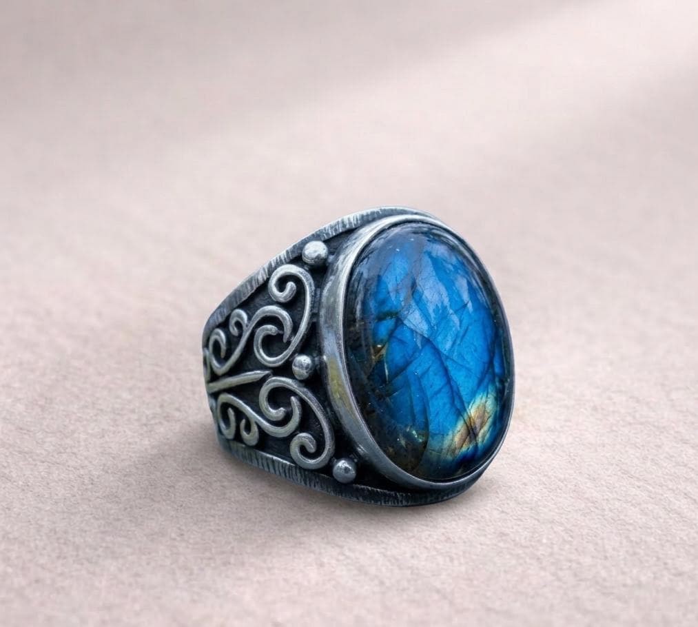 Men's Sterling Silver Ring • Oval Blue Labradorite Gemstone Statement Ring