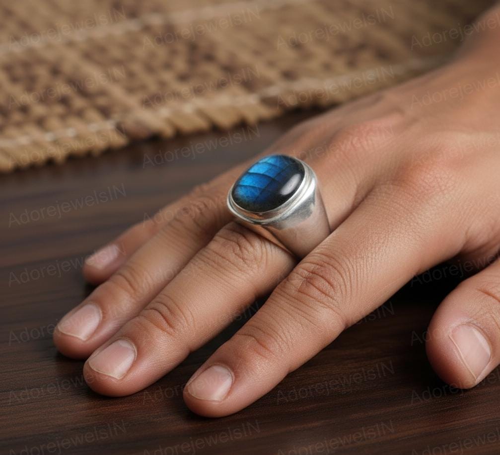 Mens Sterling Silver Labradorite Ring, Greek Design, Oval 12x16mm