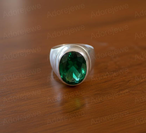 Emerald Sterling Silver Signet Ring, Oval Stone (12x16mm)