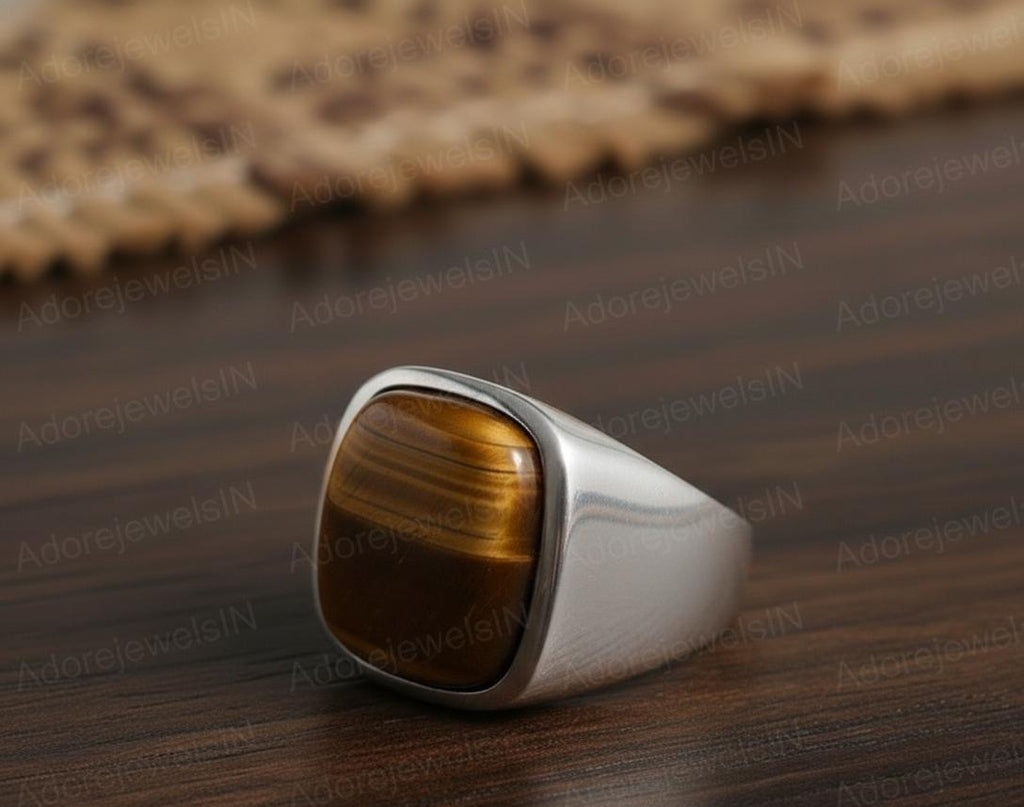 Mens Sterling Silver Brown Tiger eye Ring, Greek Design, Oval 12x16mm