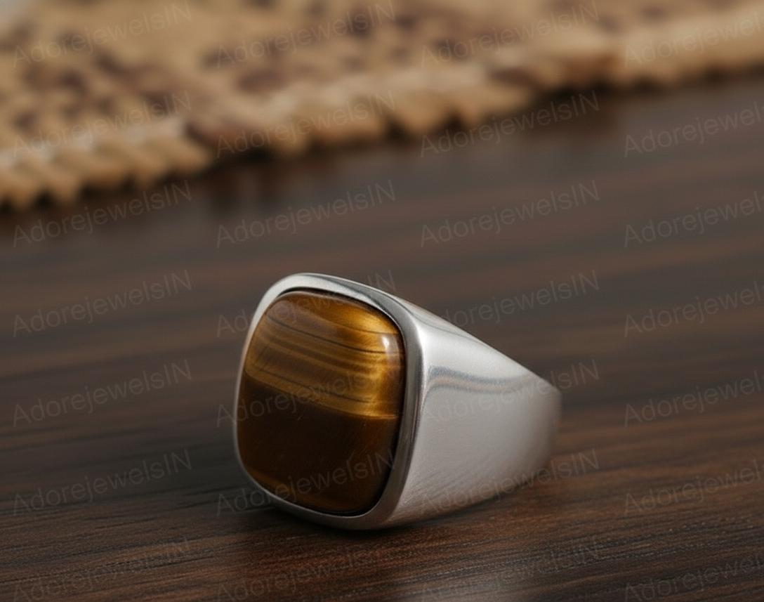 Mens Sterling Silver Brown Tiger eye Ring, Greek Design, Oval 12x16mm