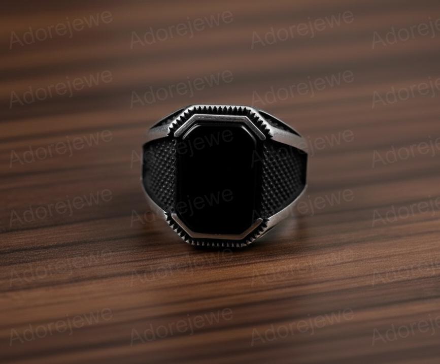 Black Onyx Sterling Silver Cushion Signet Ring
