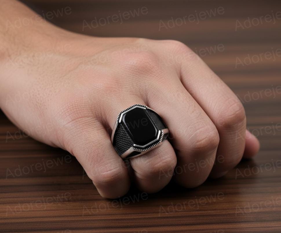 Black Onyx Sterling Silver Cushion Signet Ring