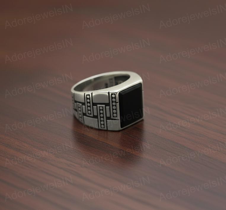 Mens Black Onyx Ring, Solid Sterling Silver, Square Stone