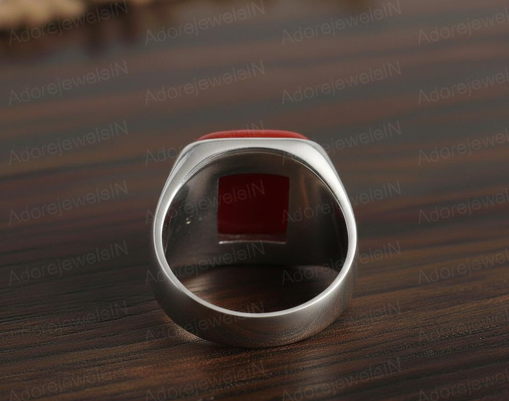 Mens Sterling Silver Red Coral Ring, Greek Design, Oval 12x16mm