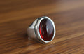 Garnet Sterling Silver Mens Signet Ring, Oval Cabochon (12x16mm)