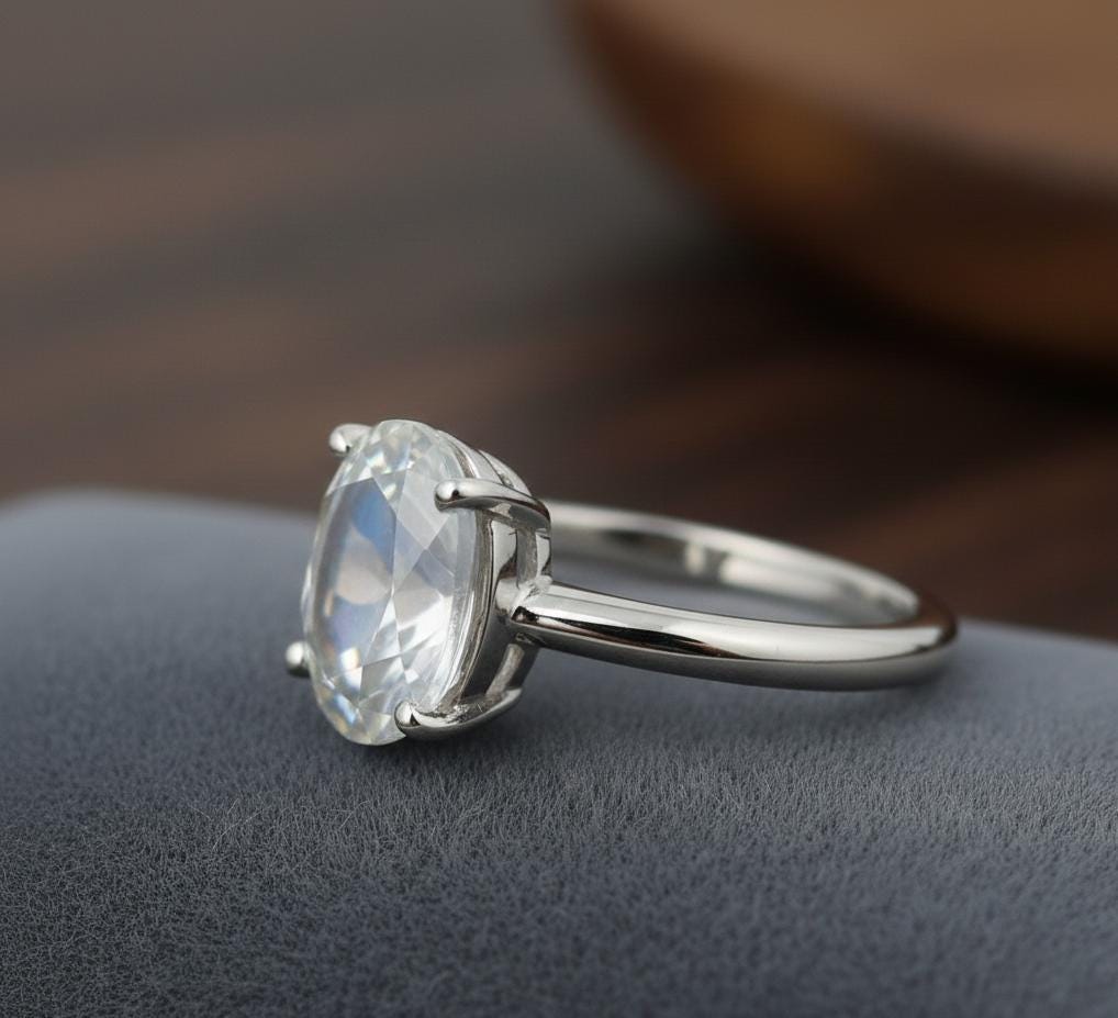 Oval Rainbow Moonstone Sterling Silver Ring, Prong Setting