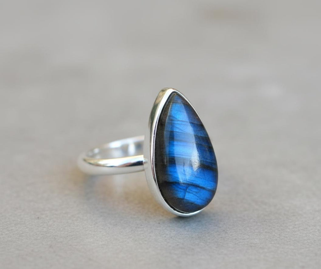 Sterling Silver Pear Labradorite Ring, Madagascar Gemstone
