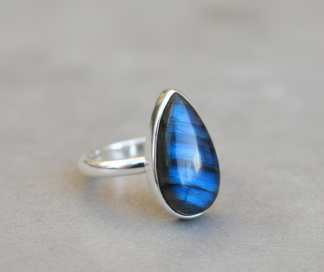 Sterling Silver Pear Labradorite Ring, Madagascar Gemstone