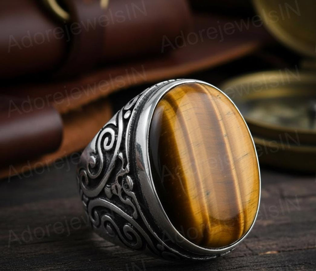 Mens Floral Sterling Silver Ring, Oval Tiger eye (12x16mm)