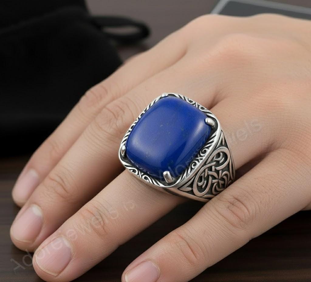 Afghani Lapis Lazuli Octagon Sterling Silver Signet Ring, Turkish Mens Ring