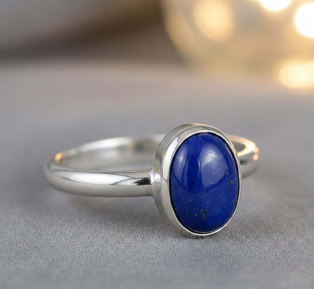 Oval Lapis Lazuli Ring, Solid Sterling Silver, Minimalist Jewelry