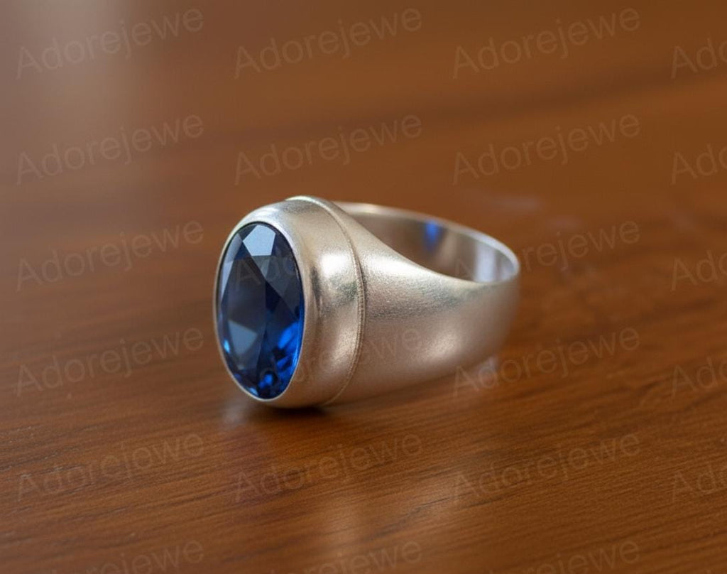 Sapphire Sterling Silver Signet Ring, Oval Stone (12x16mm)