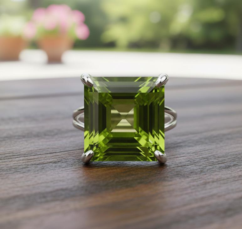 Sterling Silver Peridot Ring, Square Faceted Gemstone, Anniversary Gift