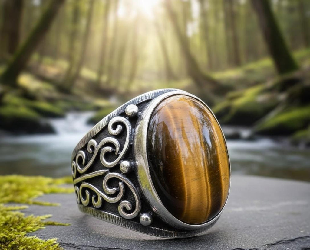 Oxidized Sterling Silver Signet Ring, Natural Tiger Eye, Floral Band