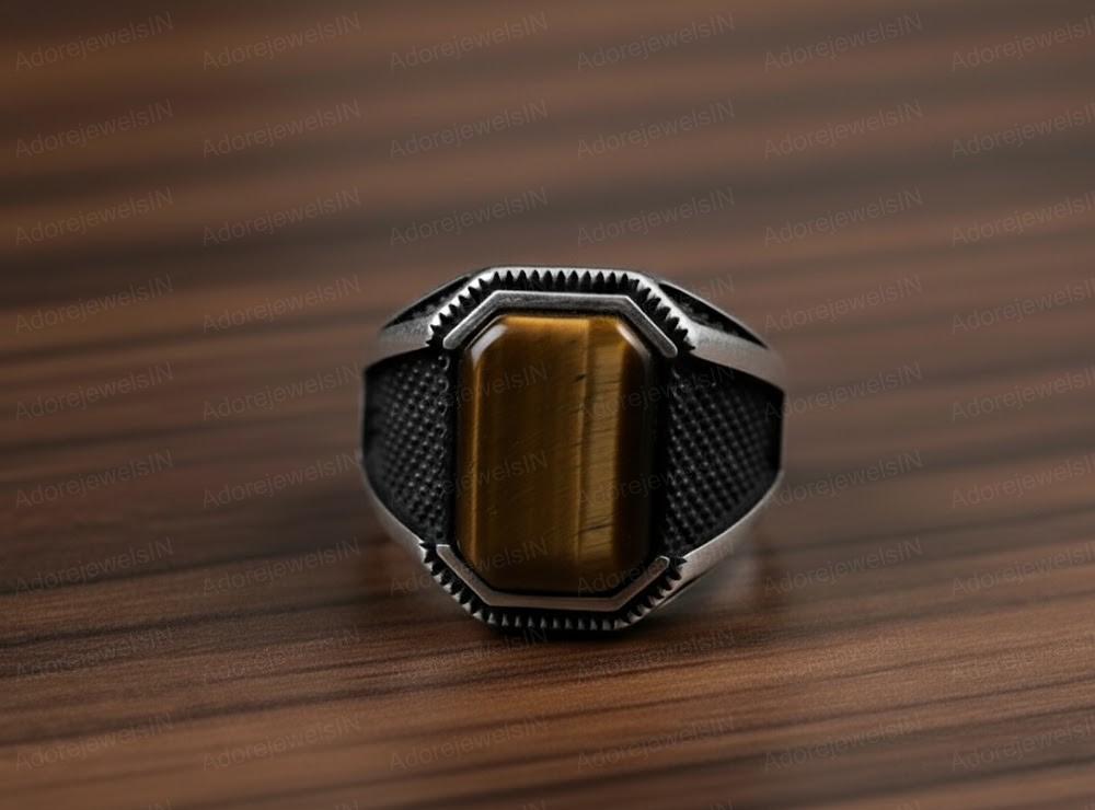 Tiger Eye Sterling Silver Ottoman Signet Ring, Mens Vintage Style