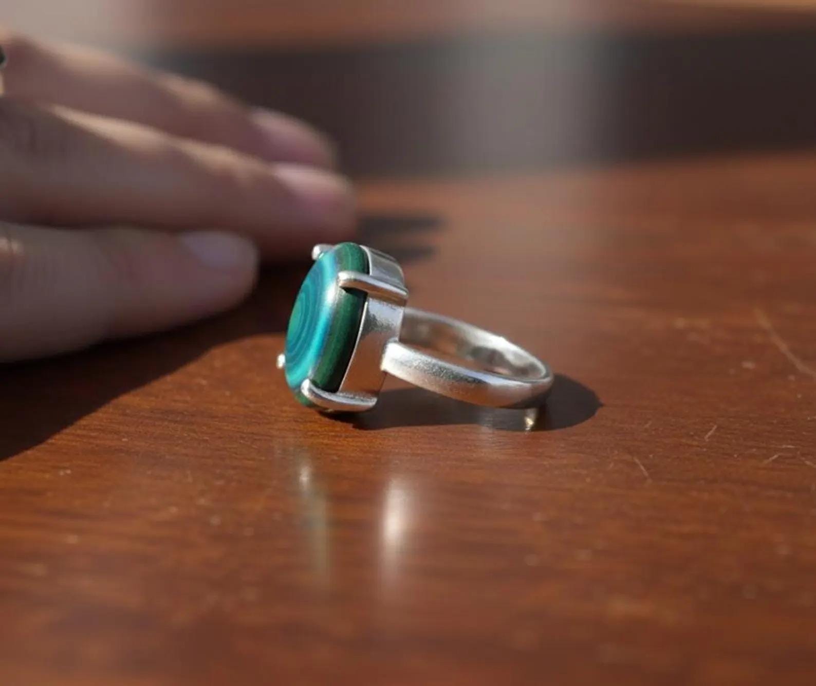 Sterling Silver Signet Ring, Oval Malachite Gemstone, Womens Jewelry