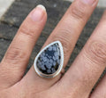 Handmade Snowflake Obsidian Ring, Teardrop Gemstone Ring, Minimalist Sterling Silver Bezel Setting, Unique Natural Stone Jewelry for Her