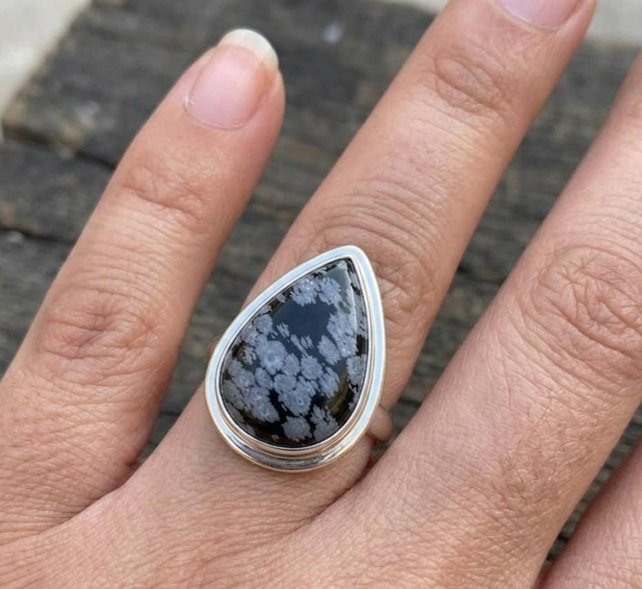 Handmade Snowflake Obsidian Ring, Teardrop Gemstone Ring, Minimalist Sterling Silver Bezel Setting, Unique Natural Stone Jewelry for Her