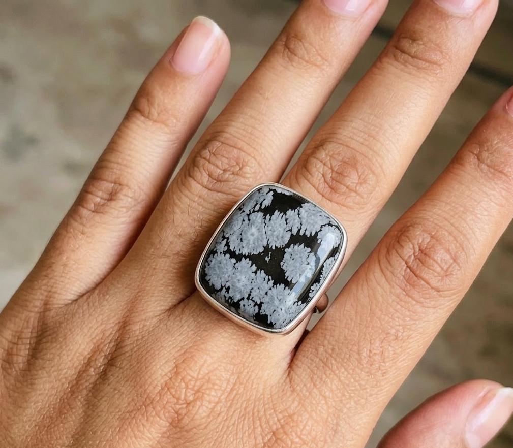 Handmade Snowflake Obsidian Ring, Sterling Silver Bezel Setting, Cushion Gemstone Jewelry