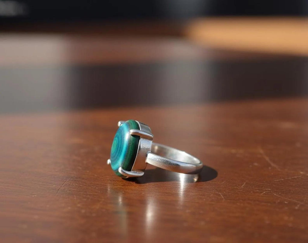Sterling Silver Signet Ring, Oval Malachite Gemstone, Womens Jewelry