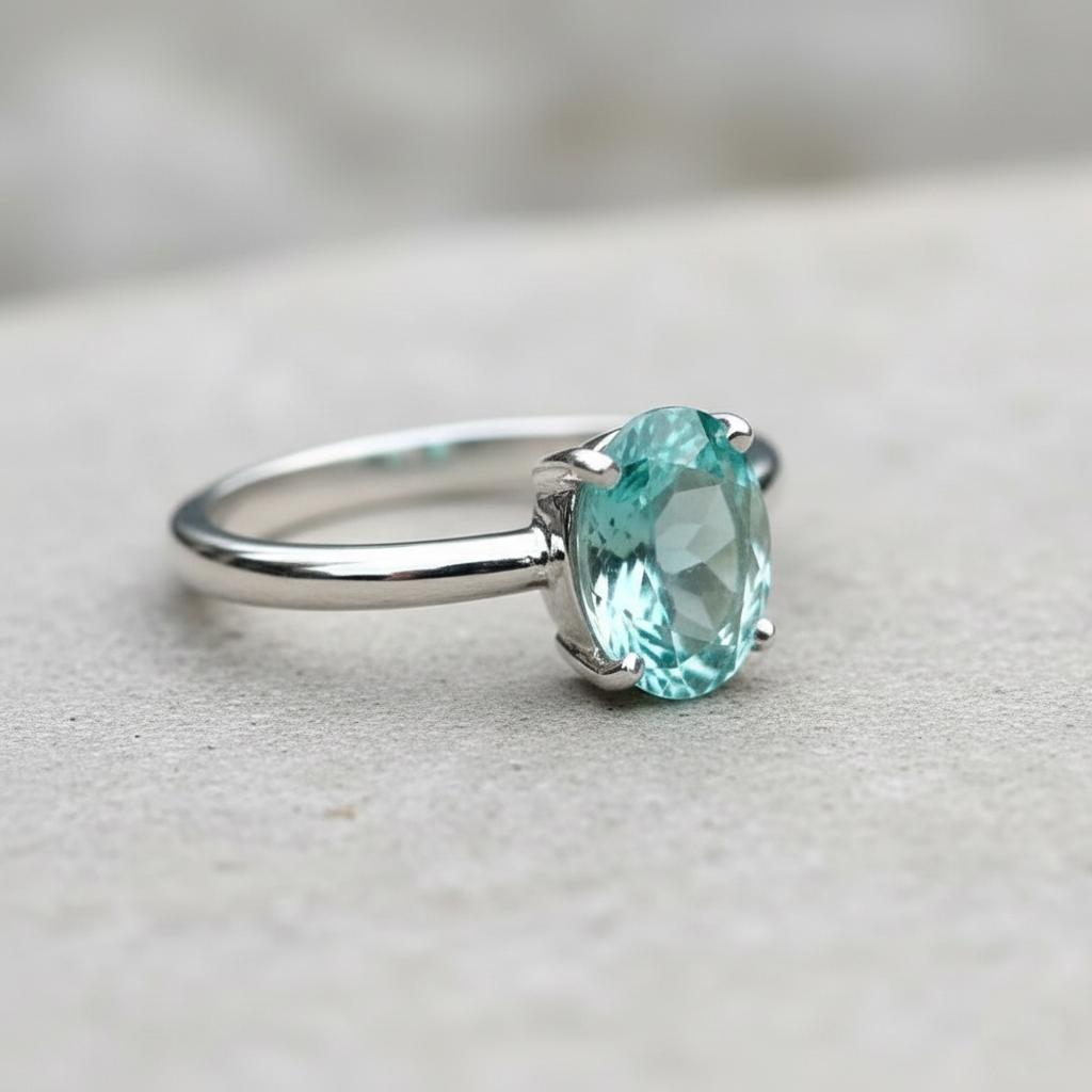 Paraiba Emerald Sterling Silver Ring, Oval Cut (10x14mm)