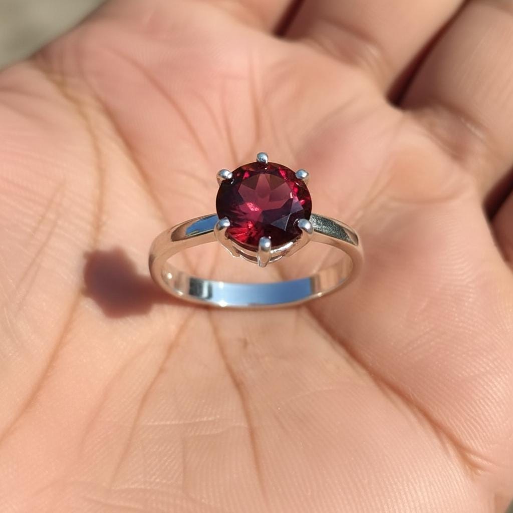 Sterling Silver Garnet Ring, Round Cut Gemstone, Prong Setting