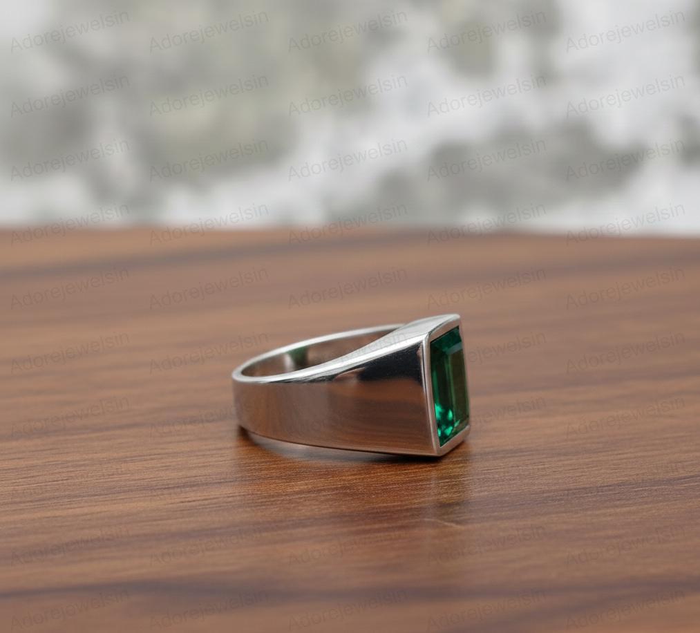 Sterling Silver Green Tourmaline Signet Ring, Emerald Cut