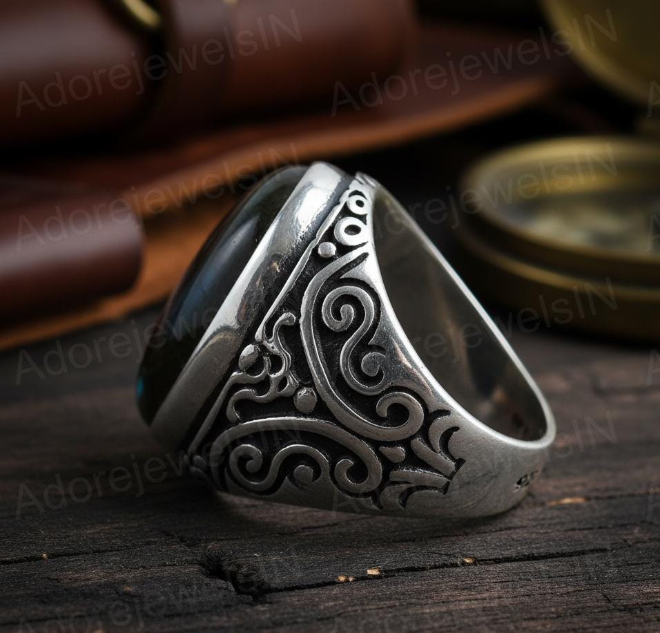 Mens Floral Sterling Silver Ring, Oval Labradorite (12x16mm)