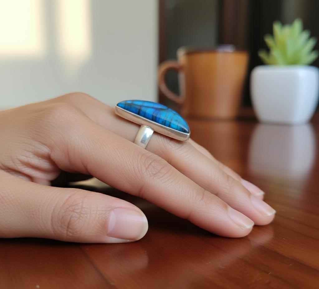 Sterling Silver Madagascar Labradorite Ring, Half Moon Gemstone