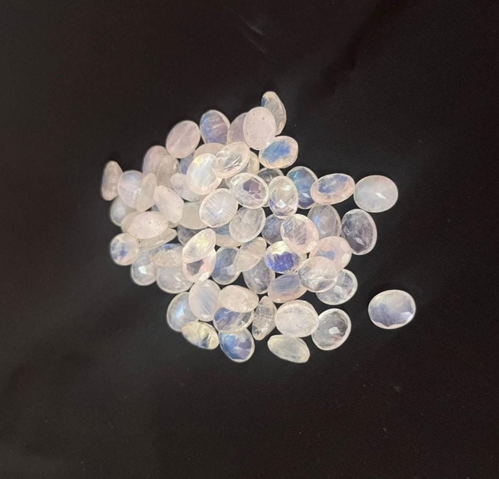 Natural Rainbow Moonstone Oval Cabochons, Blue Fire Gemstones for Jewelry Making (65 Pieces)