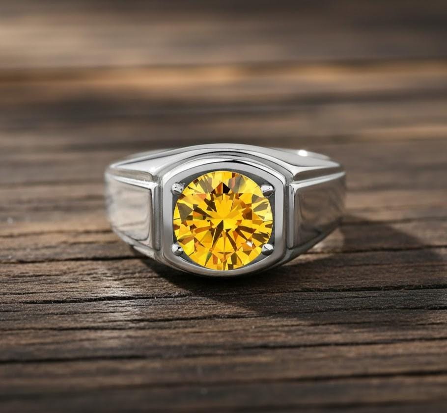 Round Citrine Ring, 925 Sterling Silver, Husband Gift