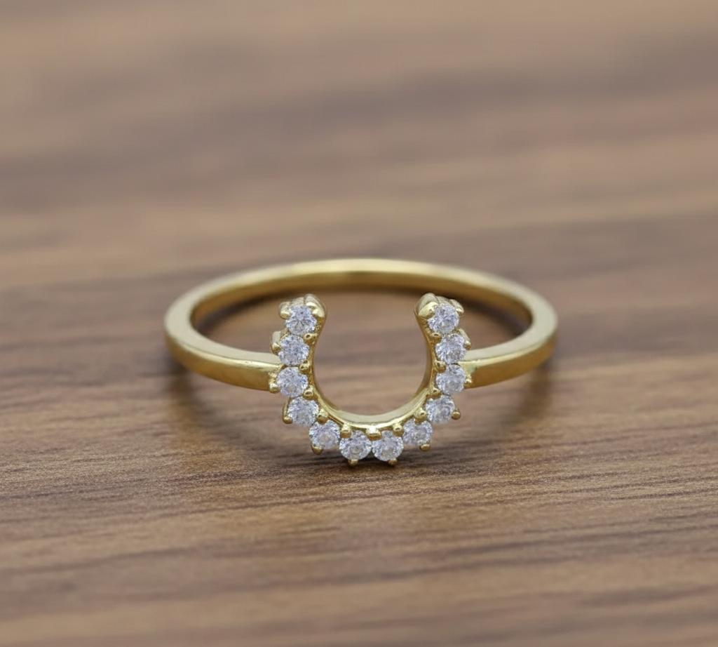 Solid 925 sterling silver Gold Horseshoe Ring with Zircon, Prong Setting Round Stone