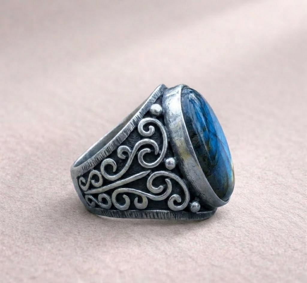 Men's Sterling Silver Ring • Oval Blue Labradorite Gemstone Statement Ring