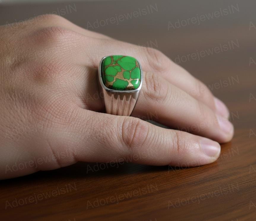 Sterling Silver Mens Ring, Green Copper Turquoise Gemstone, Ottoman Style