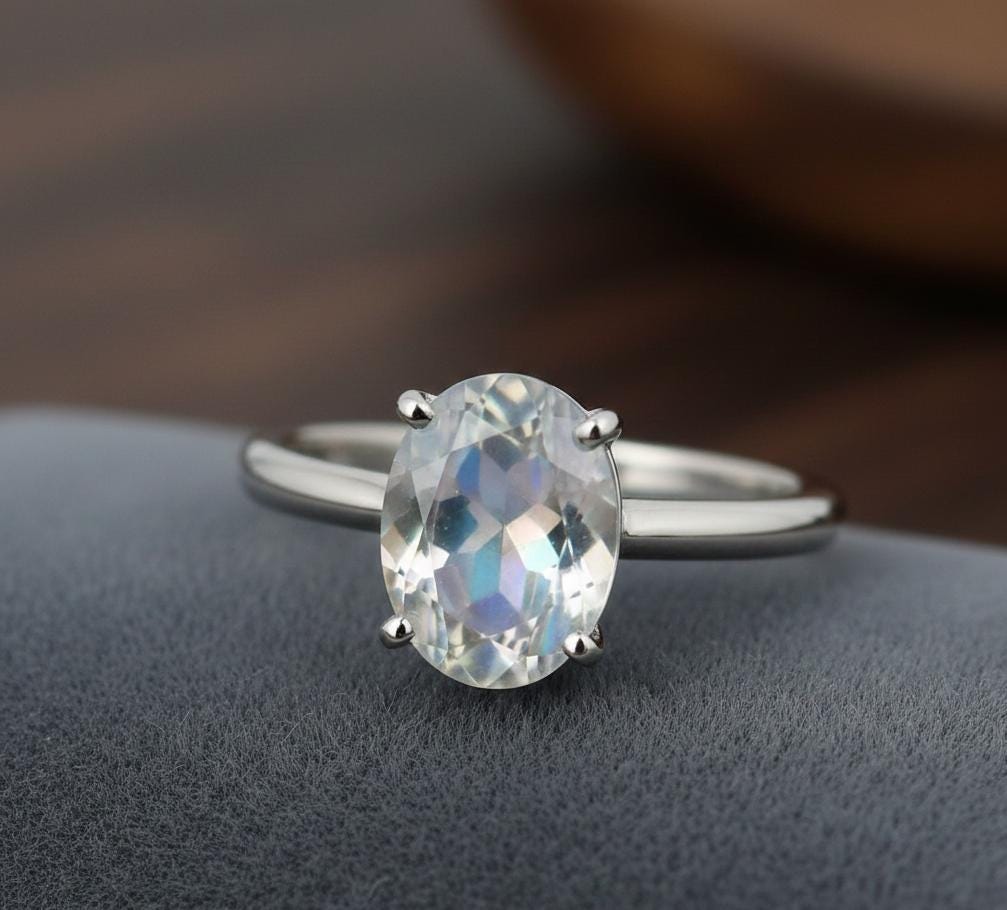 Oval Rainbow Moonstone Sterling Silver Ring, Prong Setting