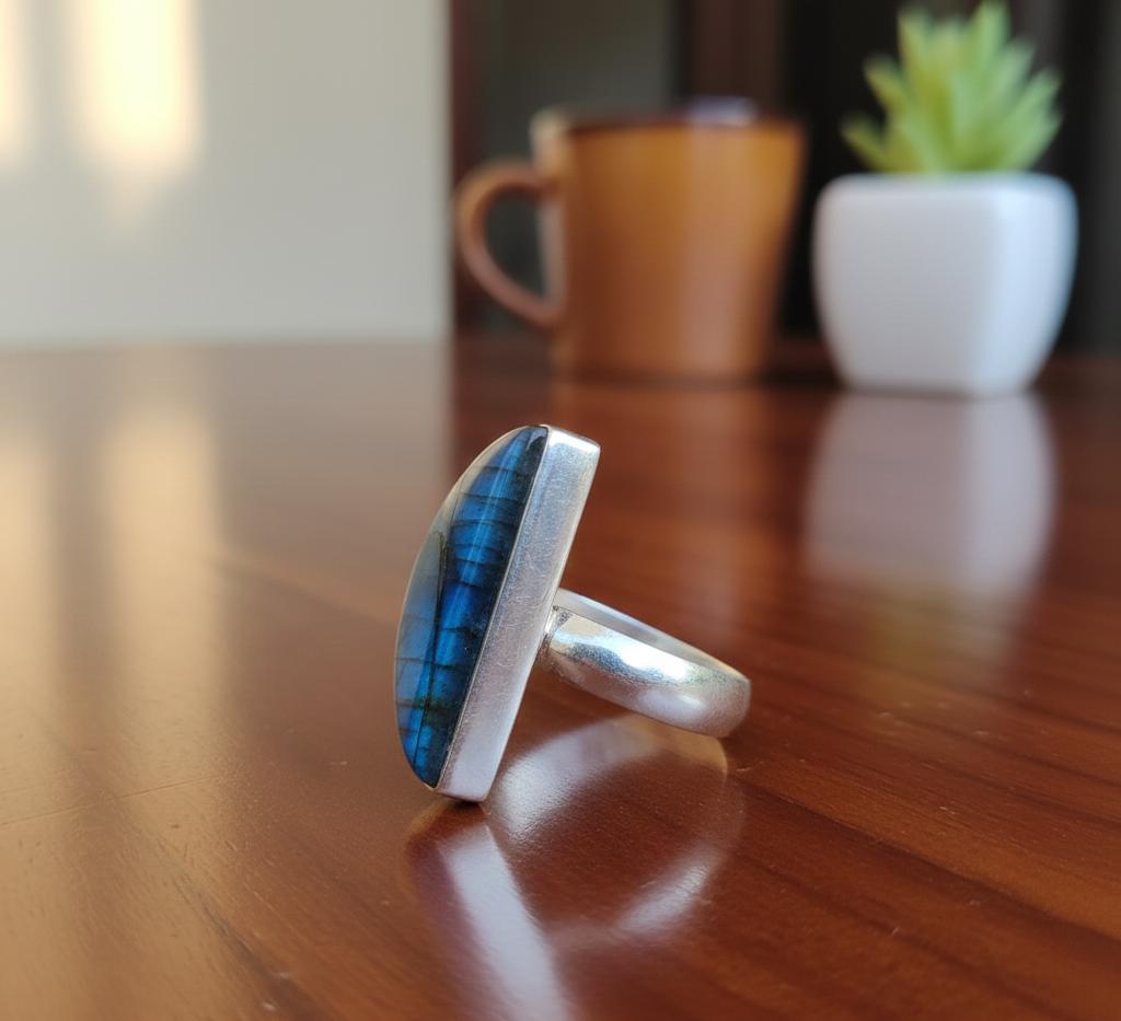Sterling Silver Madagascar Labradorite Ring, Half Moon Gemstone
