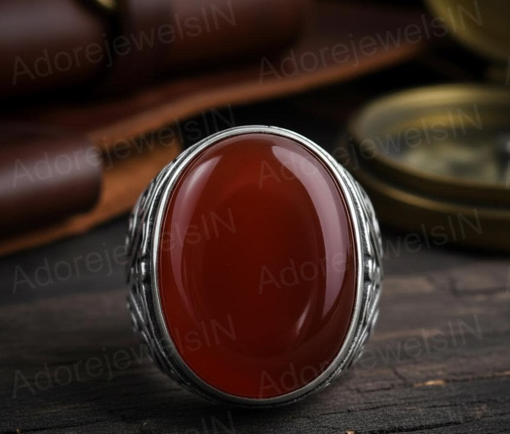 Mens Floral Sterling Silver Signet Ring, Carnelian Gemstone (12x16mm)