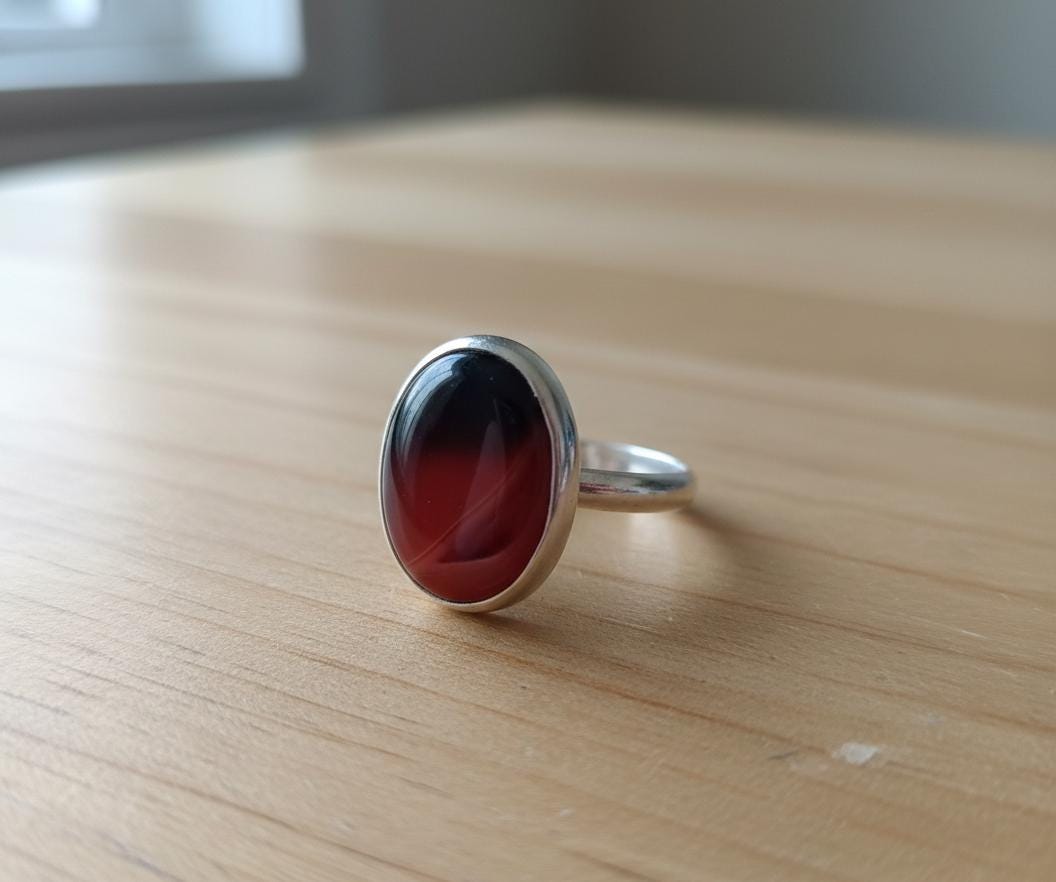 Natural Blood Agate Gemstone Ring, 22x16mm Oval Cabochon Blood Stone Ring, Bezel Setting, Wife Best Ring, Valentine Promise Ring Large Stone