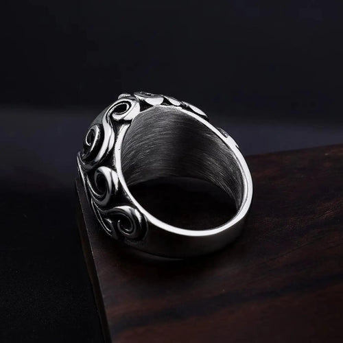 Floral Sterling Silver Labradorite Signet Ring, Mens Heavy Ring (12mm)
