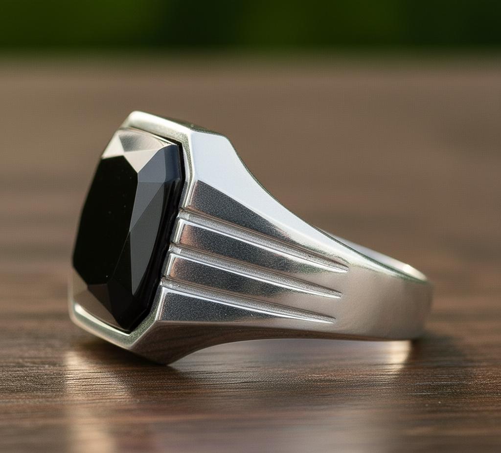 Black Onyx Signet Ring, Sterling Silver Cushion Cut Mens Ring