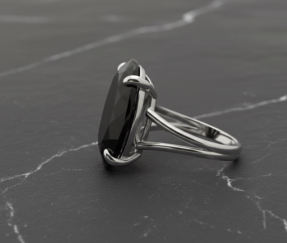 Sterling Silver Black Onyx Ring, Oval Faceted, Prong Setting