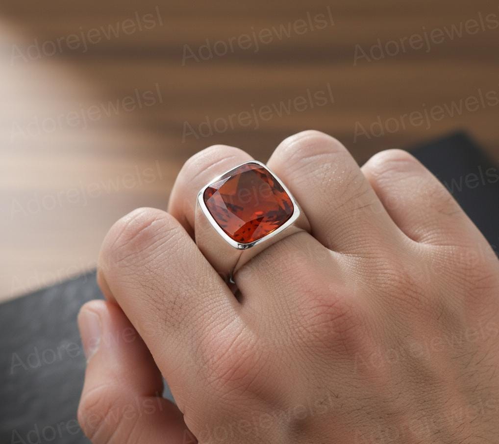 Natural Garnet Signet Ring, Cushion Cut, 925 Sterling Silver