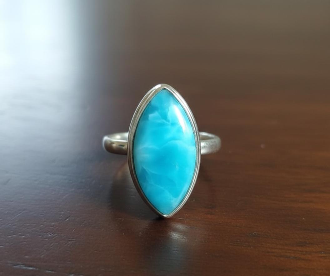 Natural Larimar Ring, Solid Sterling Silver, Marquise Gemstone