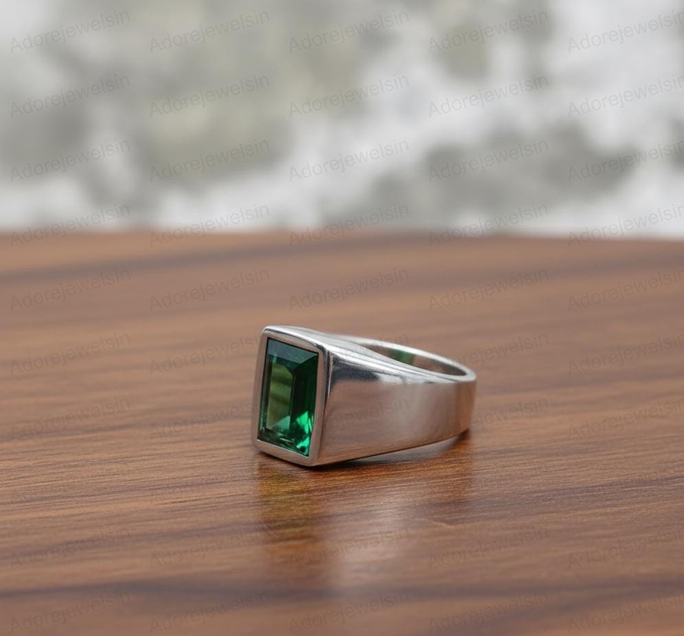 Sterling Silver Green Tourmaline Signet Ring, Emerald Cut