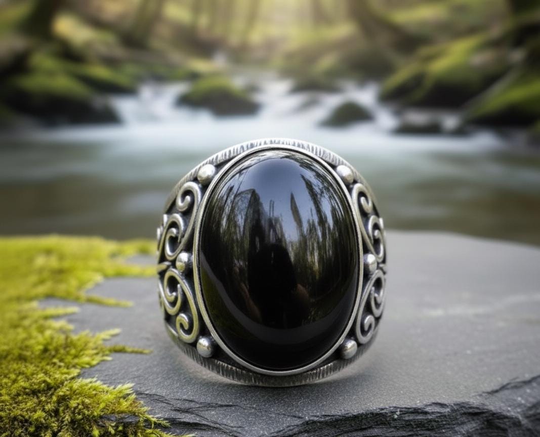 Oxidized Sterling Silver Signet Ring, Black Onyx, Vintage Floral Mens Ring